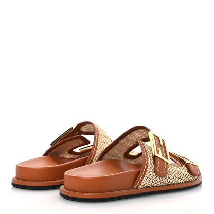 Fendi Raffia Vitello Womens Fendi Feel Buckled Slide Sandals 37 Paglia Brandy 5 of 12