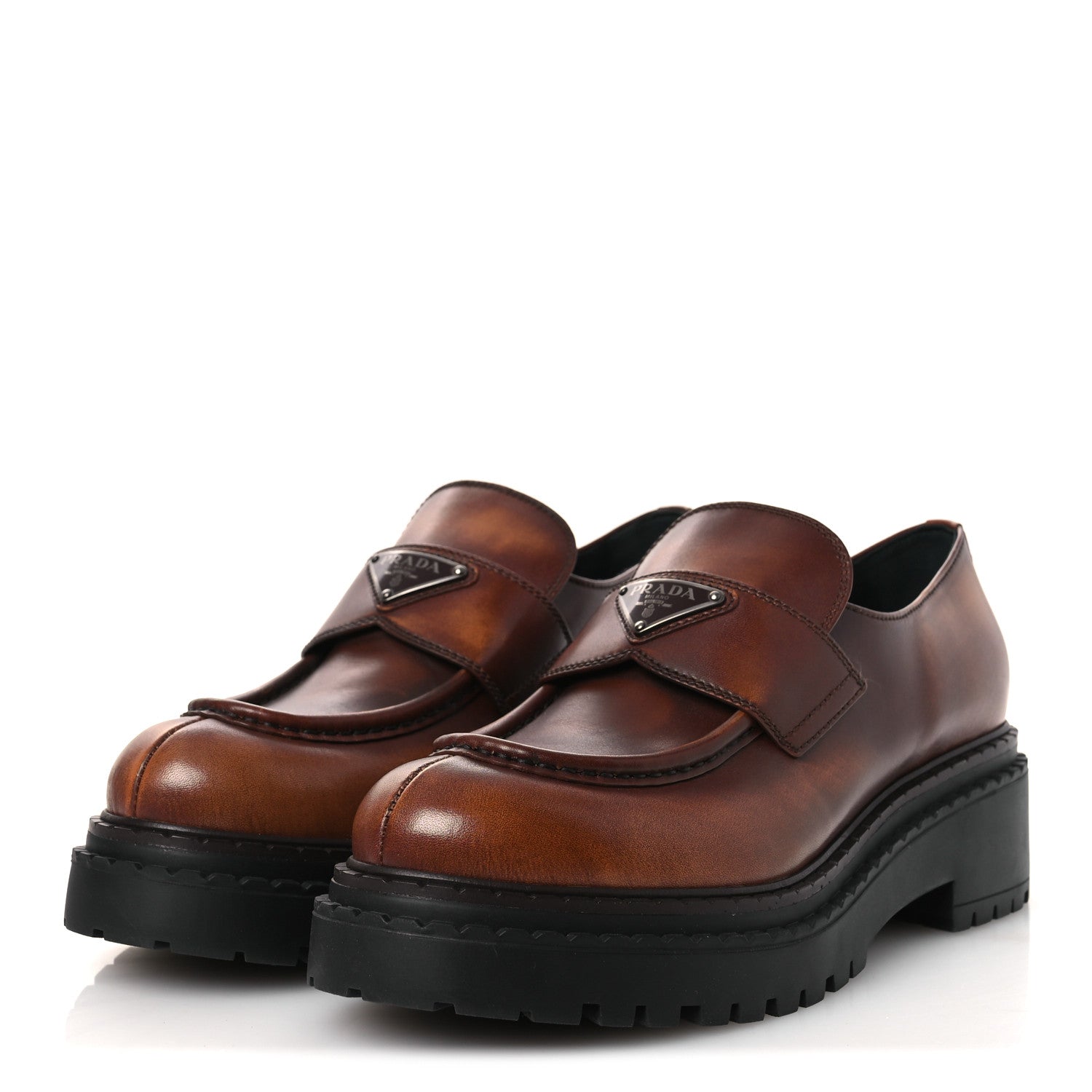 Prada Vitello Fume Metal Triangle Logo 50mm Loafers 40.5 Cognac 4 of 11