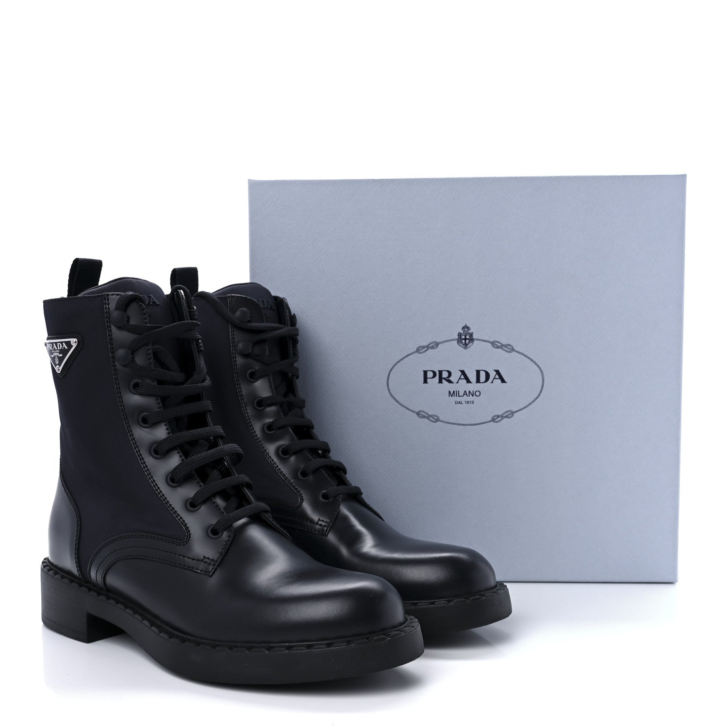 Prada Spazzolato Re-Nylon Metal Triangle Logo Womens 50mm Combat Boots 40.5 Bleu 9 of 9