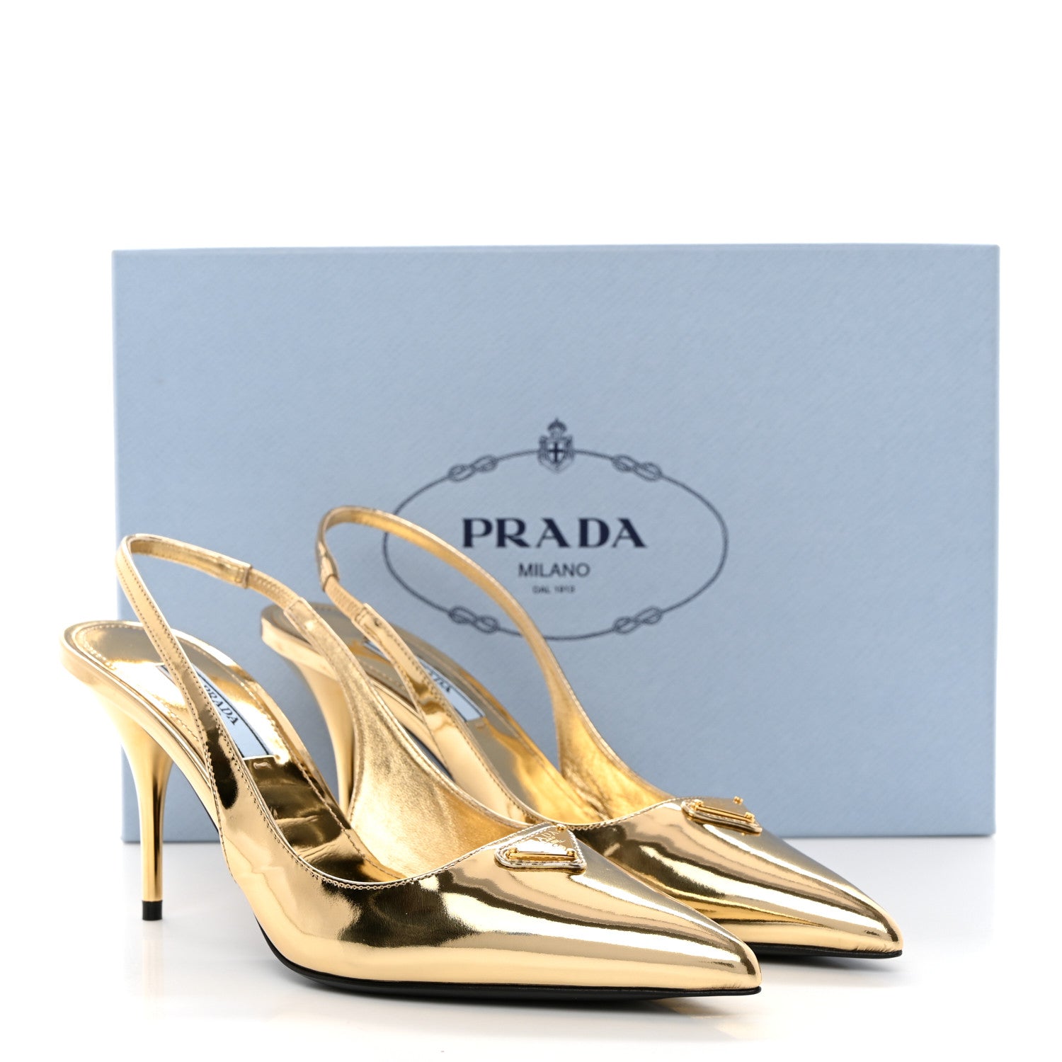 Prada Metallic Calfskin Metal Triangle Logo 85mm Slingback Pumps