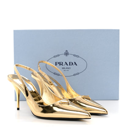 Prada Metallic Calfskin Metal Triangle Logo 85mm Slingback Pumps 35 Platino 8 of 8