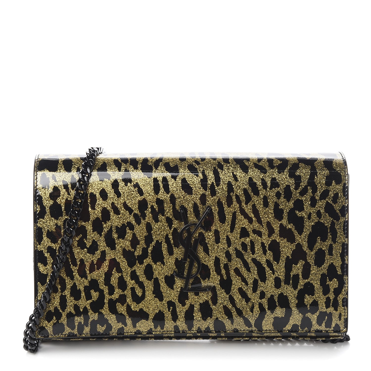 Saint Laurent Patent Leopard Print Monogram Chain Wallet Leopard Black Gold 1 of 9