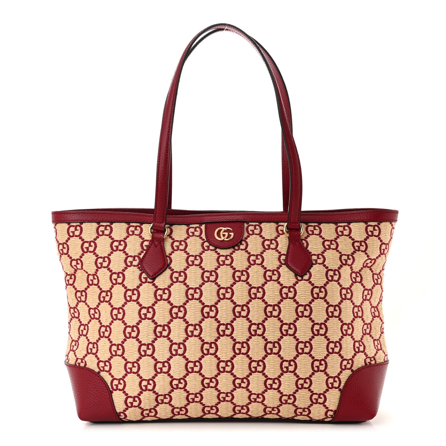 Gucci Straw Jacquard Dollar Calfskin GG Monogram Medium Ophidia Shopping Tote Natural New Cherry Red 1 of 10