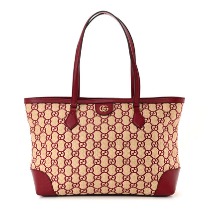 Gucci Straw Jacquard Dollar Calfskin GG Monogram Medium Ophidia Shopping Tote Natural New Cherry Red 1 of 10