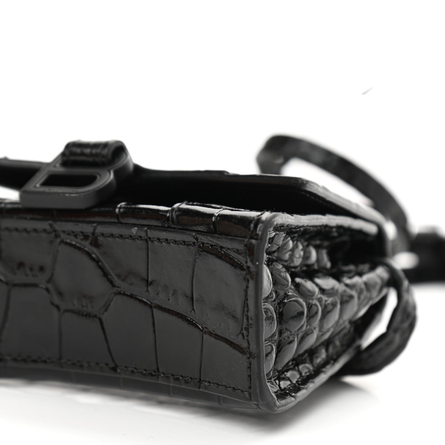 Shiny Calfskin Monochrome Crocodile Embossed Hourglass Top Handle Bag Mini Black