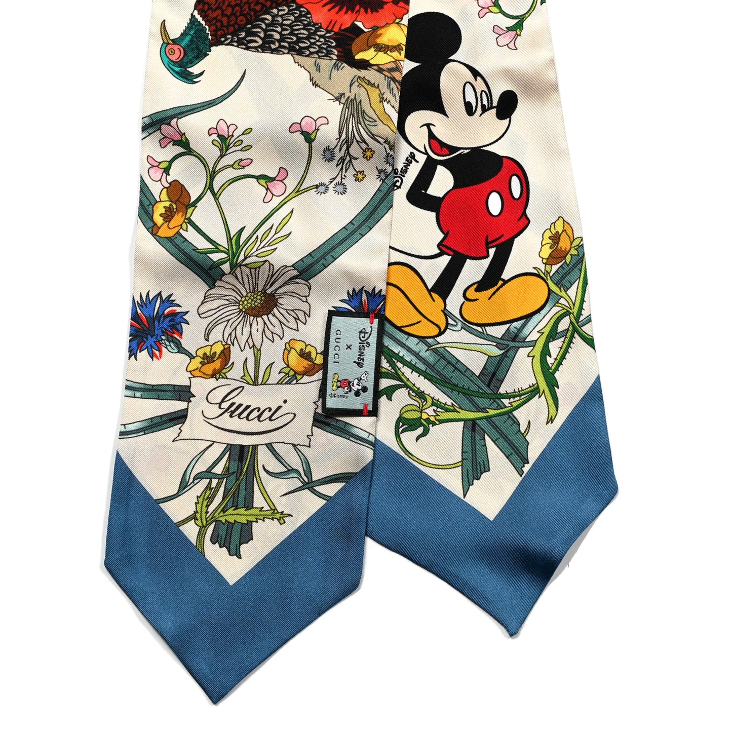 X DISNEY Silk Twill Mickey Lac Neck Bow Scarf Ivory Blue