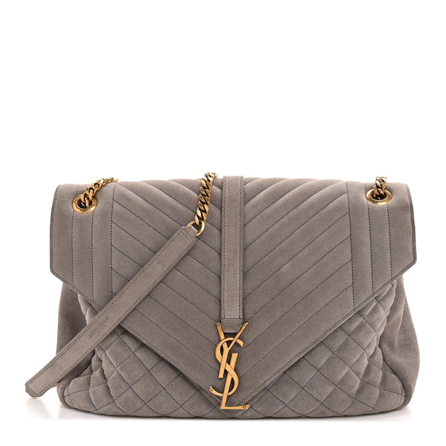 Suede Mixed Matelasse Tri-Quilt Large Monogram Envelope Satchel Grey