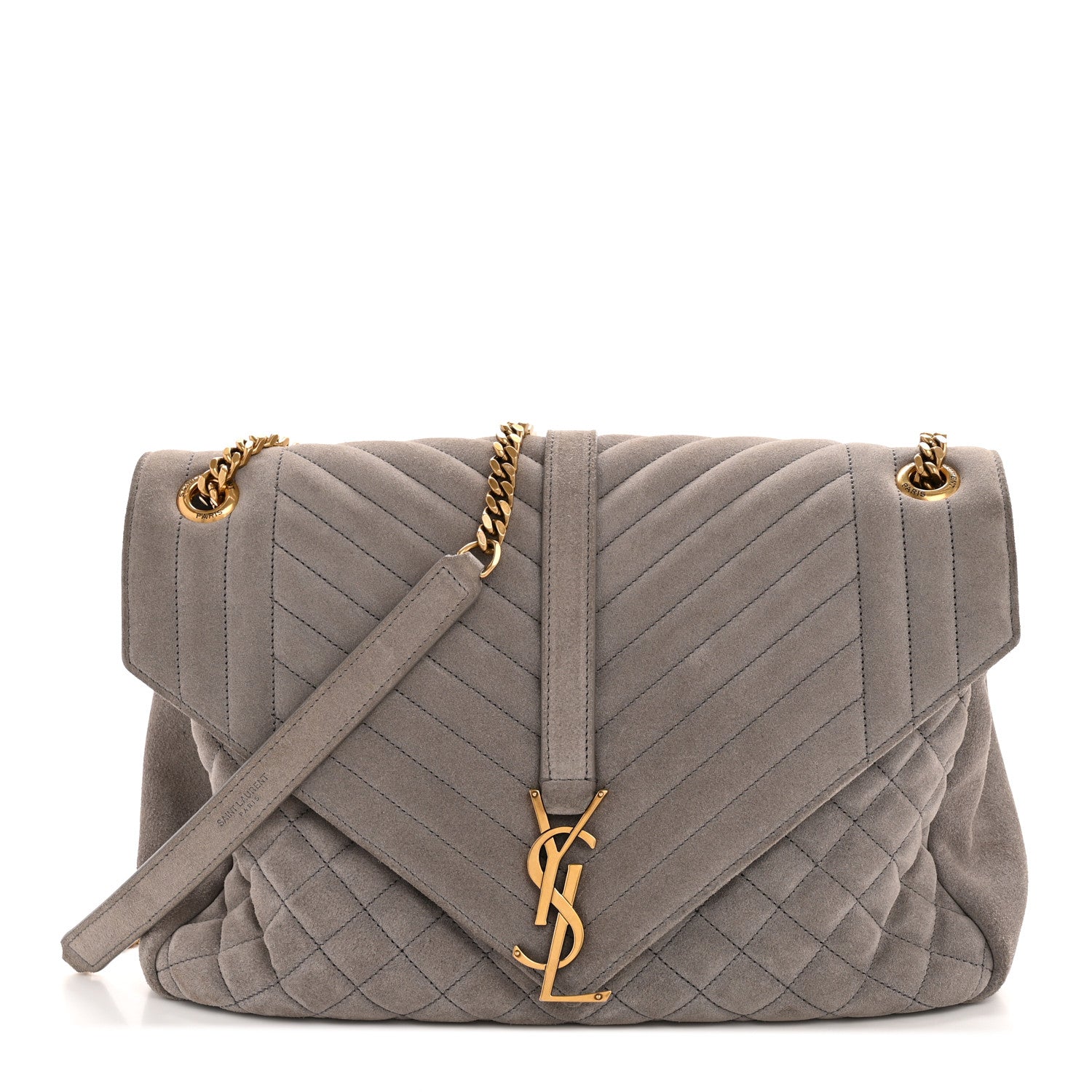 Saint Laurent Suede Mixed Matelasse Tri-Quilt Large Monogram Envelope Satchel Grey 1 of 12