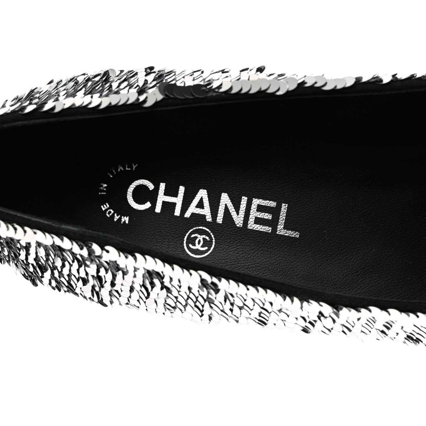 Sequin Patent Calfskin CC Pumps 40 Black Silver