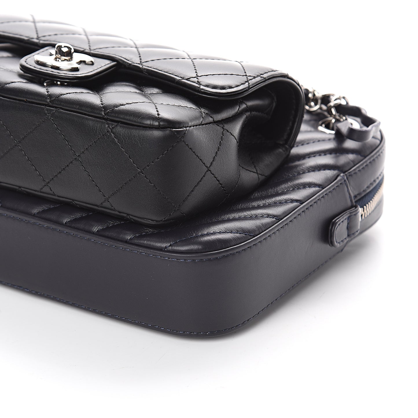 Calfskin Chevron Quilted Double Camera Bag With Flap Black