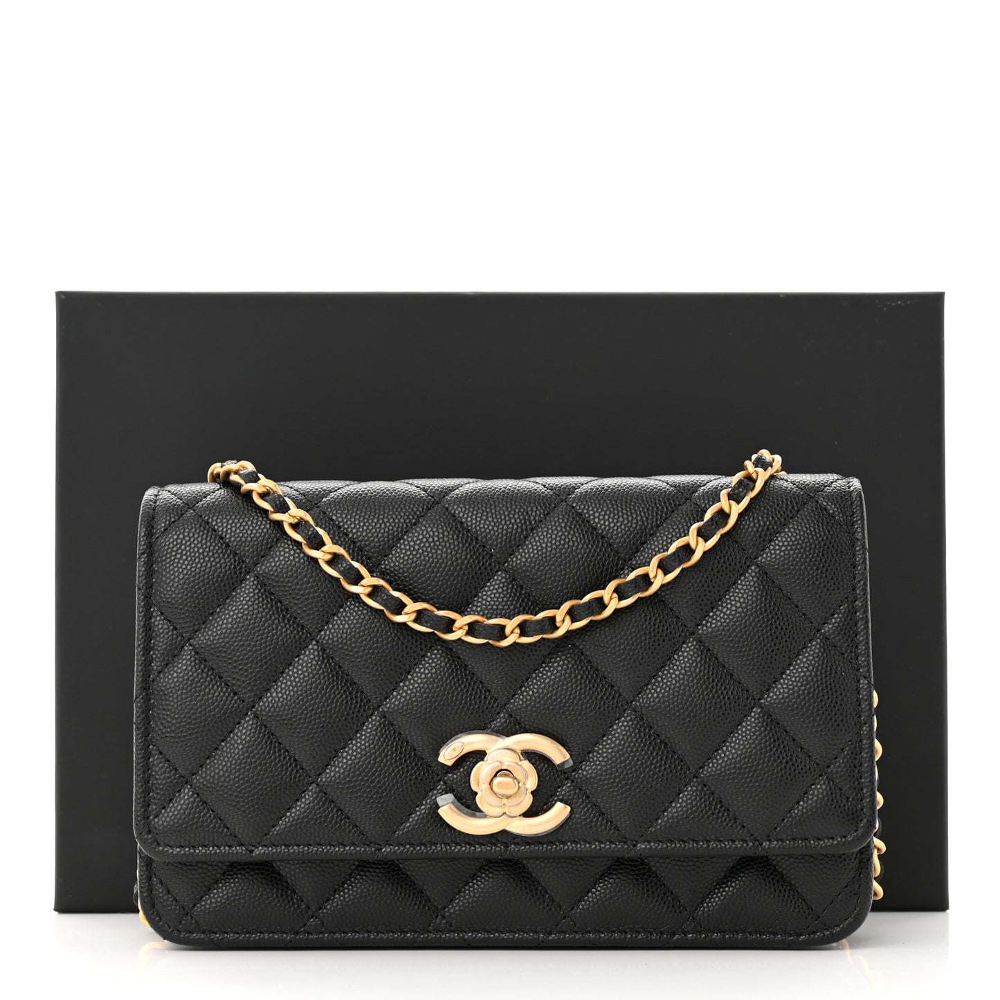 Caviar Quilted Camellia Wallet On Chain WOC Black