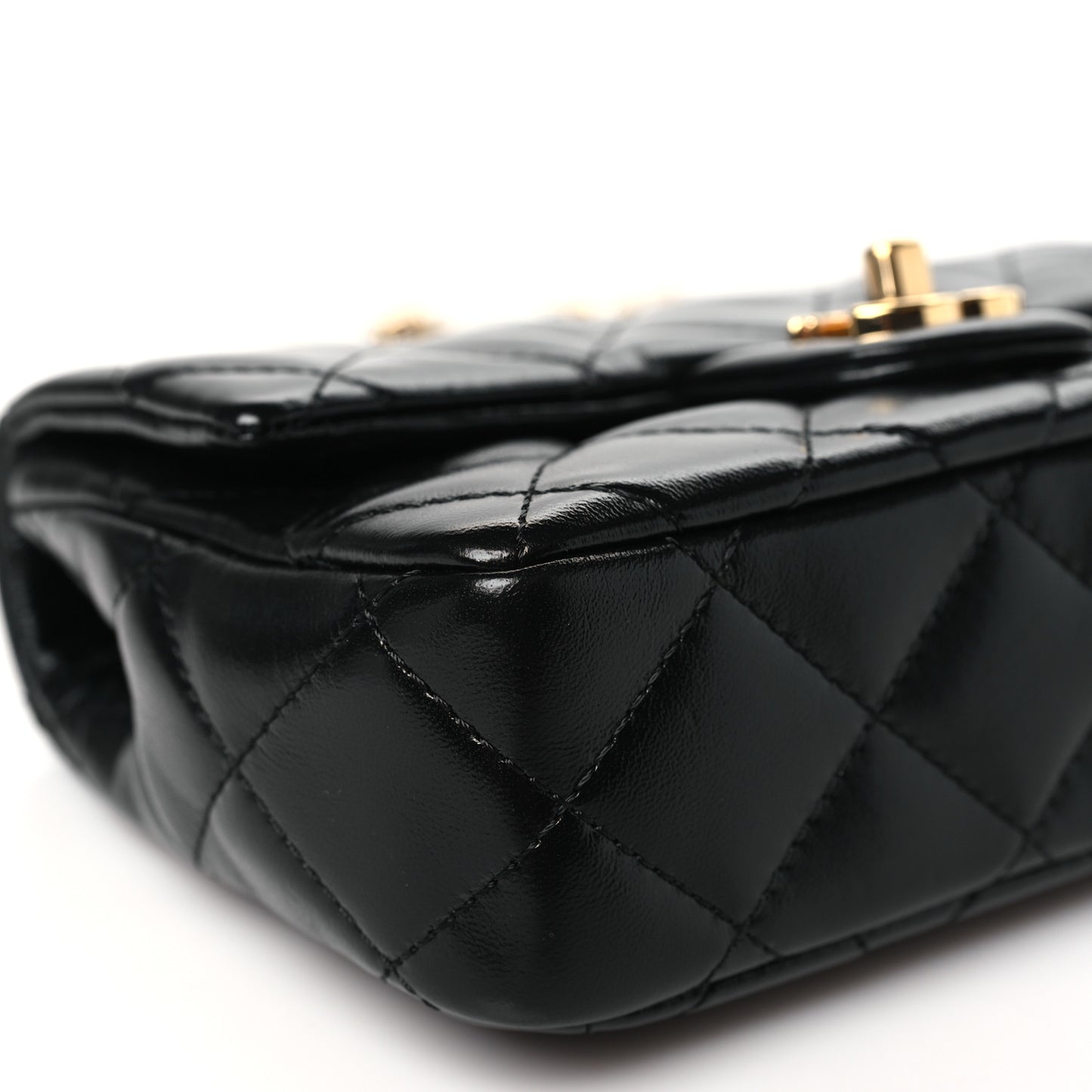 Shiny Lambskin Quilted Golden Links Top Handle Flap Black