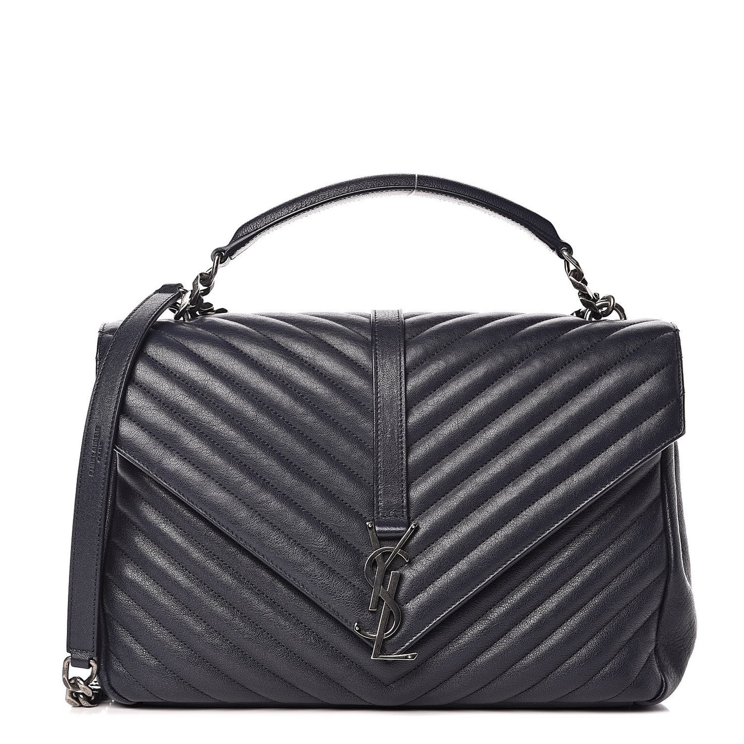 Sheepskin Matelasse Chevron Monogram Large College Satchel Navy Blue
