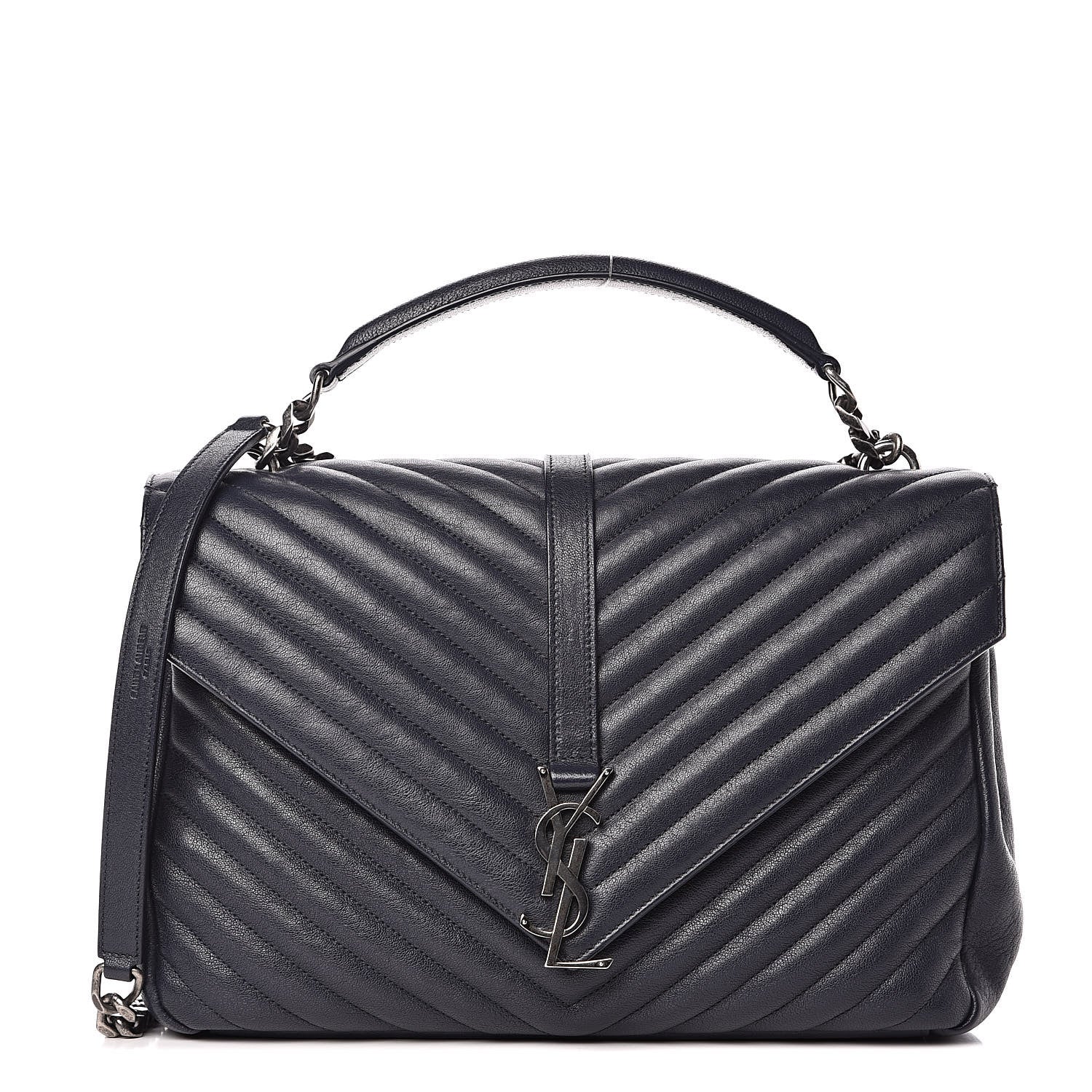 Saint Laurent Sheepskin Matelasse Chevron Monogram Large College Satchel Navy Blue 1 of 19