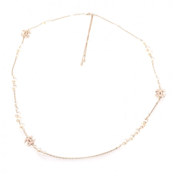 Crystal Pearl Enamel Camellia CC Long Necklace Gold