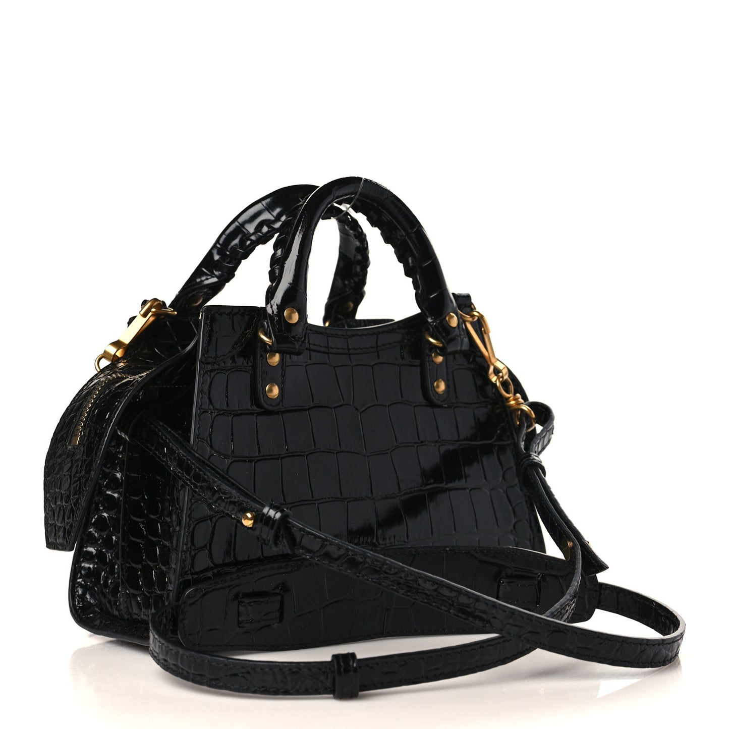 Shiny Supple Calfskin Crocodile Embossed Neo Classic Gold Hardware Mini City Black