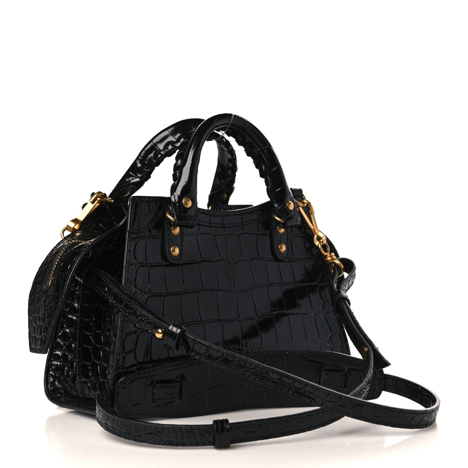 Balenciaga Shiny Supple Calfskin Crocodile Embossed Neo Classic Gold Hardware Mini City Black 3 of 8