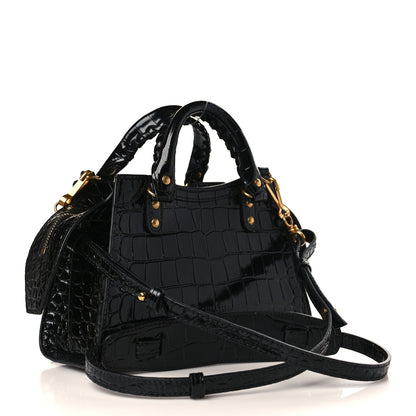 Balenciaga Shiny Supple Calfskin Crocodile Embossed Neo Classic Gold Hardware Mini City Black 3 of 8