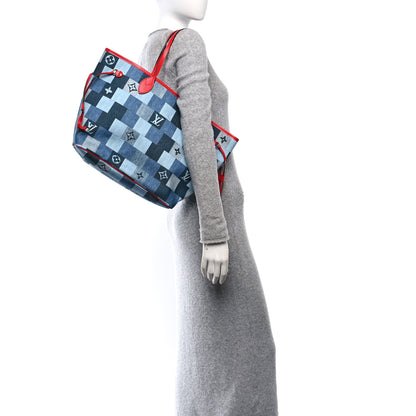 Louis Vuitton Denim Damier Monogram Patchwork Neverfull Blue Rouge 2 of 11