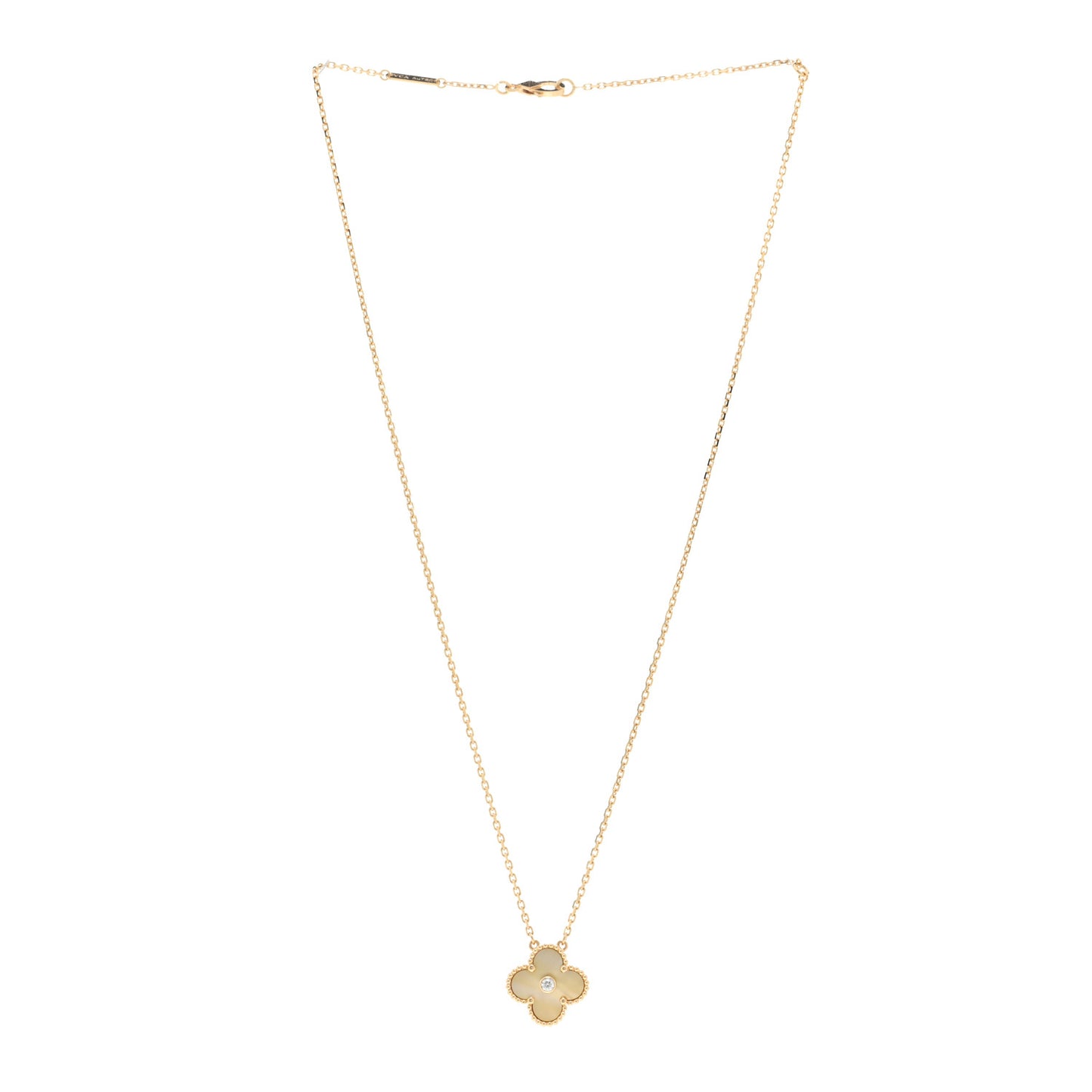 18K Yellow Gold Diamond Yellow Mother of Pearl Vintage Alhambra Pendant Necklace