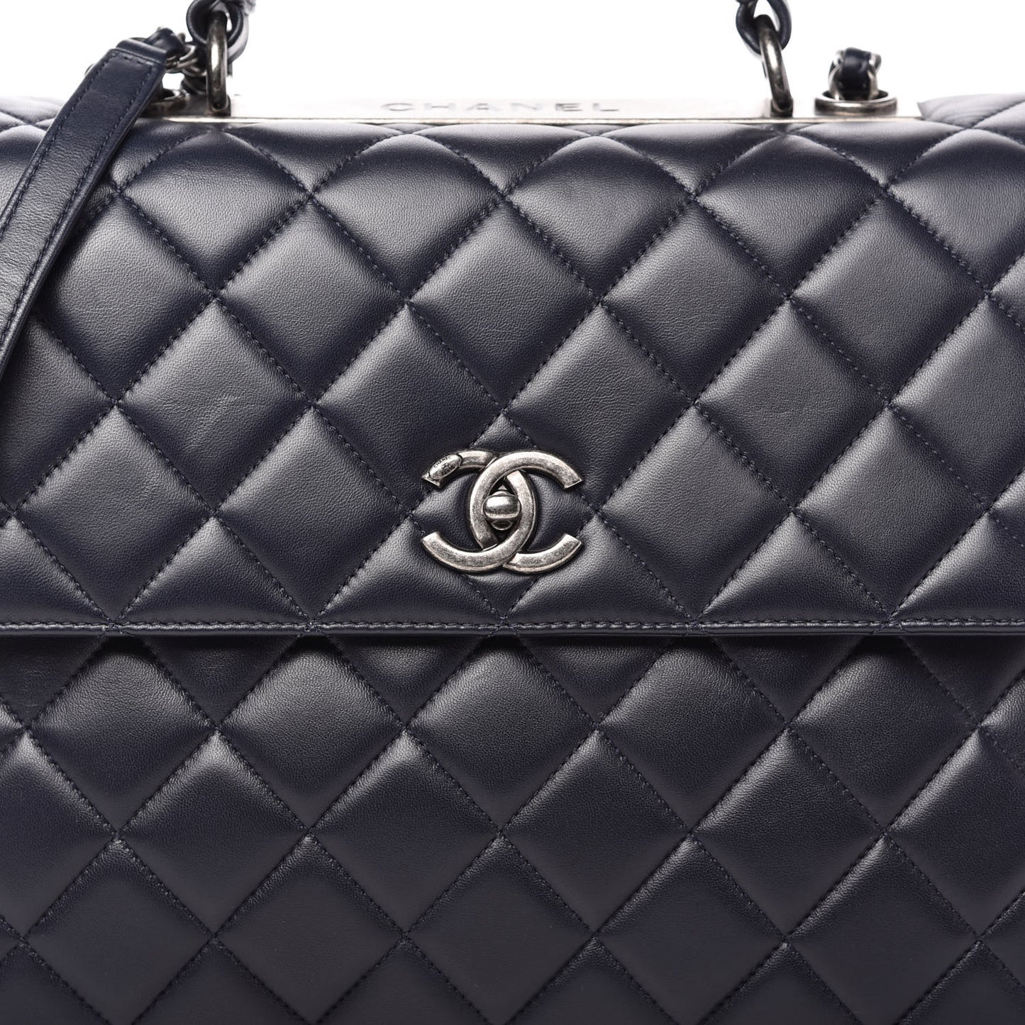Lambskin Quilted Large Trendy CC Flap Dual Handle Bag Navy