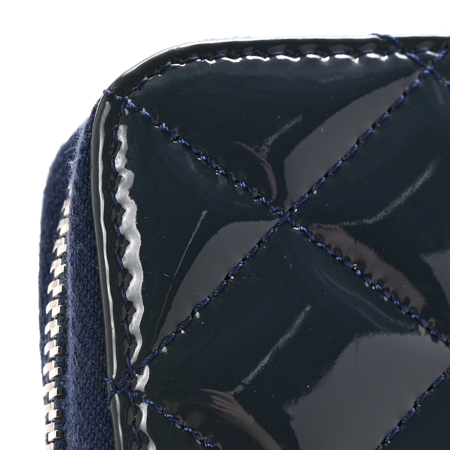 Chanel Patent Calfskin Quilted Large Gusset Zip Around Wallet Blue