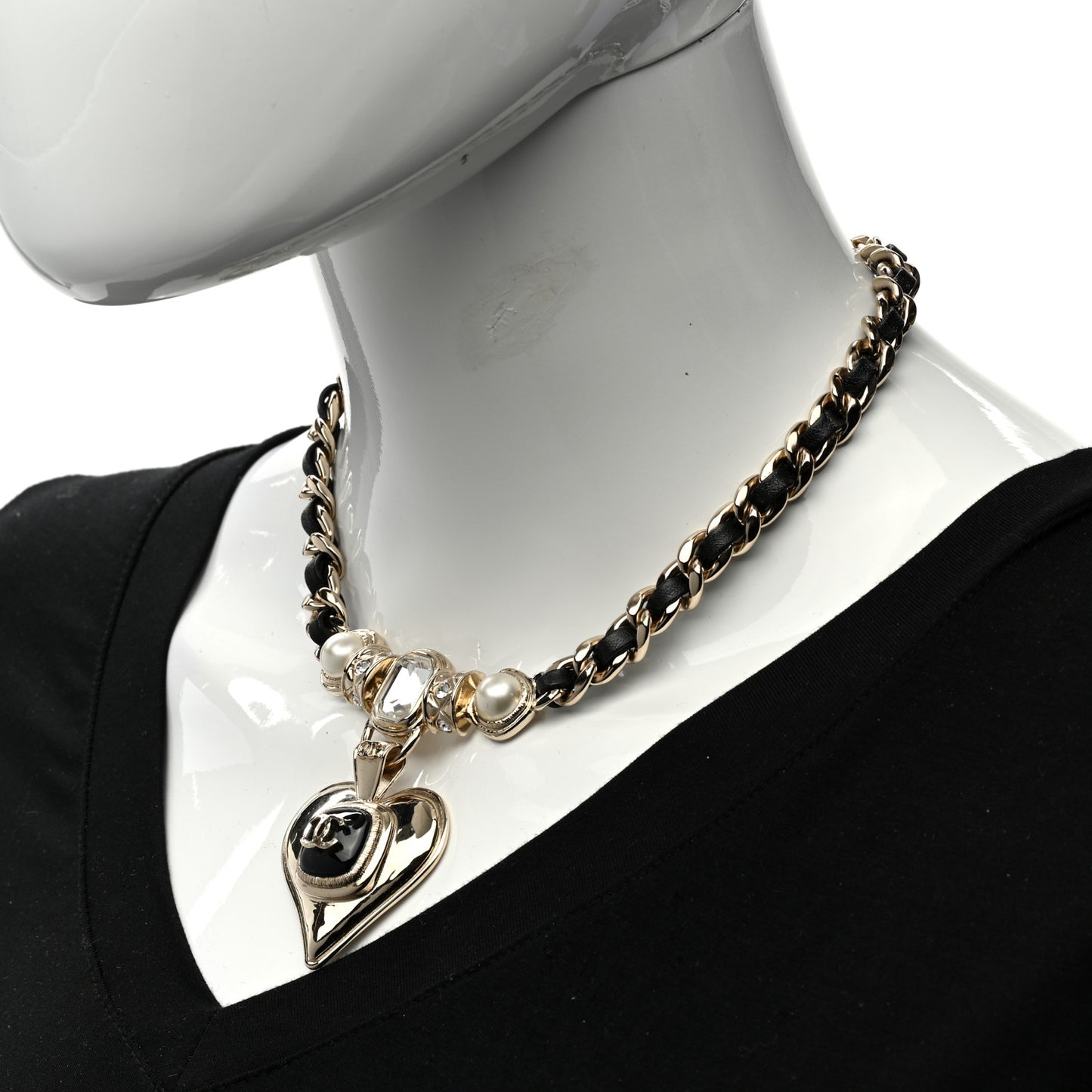 Lambskin Crystal Pearl CC Heart Choker Gold Black