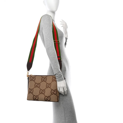Gucci Monogram Jumbo GG Textured Dollar Calfskin Web Wristlet Messenger Bag Camel Ebony New Acero 2 of 11