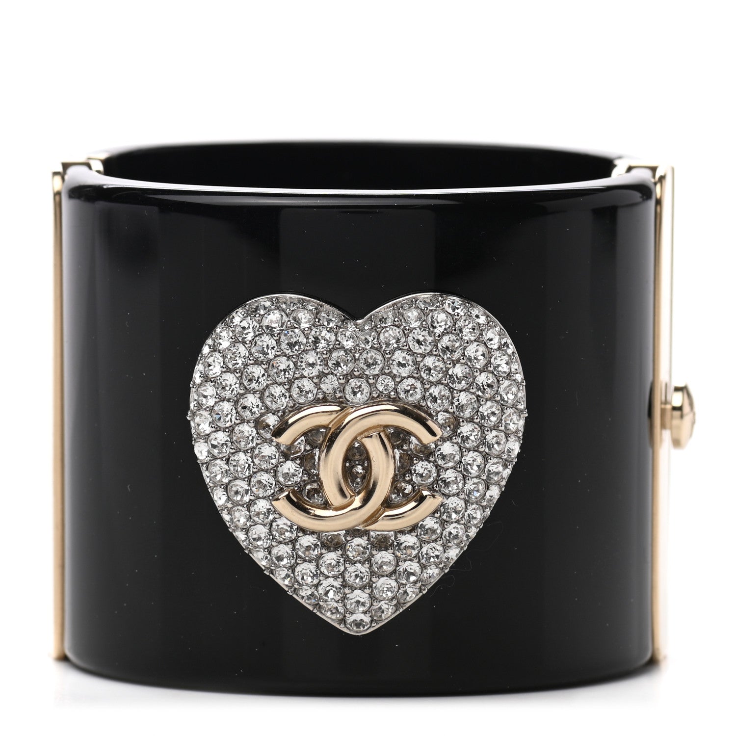Chanel Resin Crystal Heart CC Cuff Bracelet Black 1 of 4