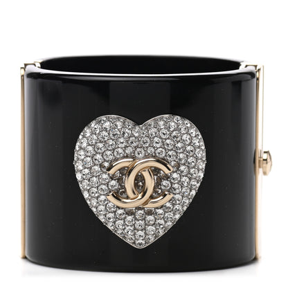 Chanel Resin Crystal Heart CC Cuff Bracelet Black 1 of 4