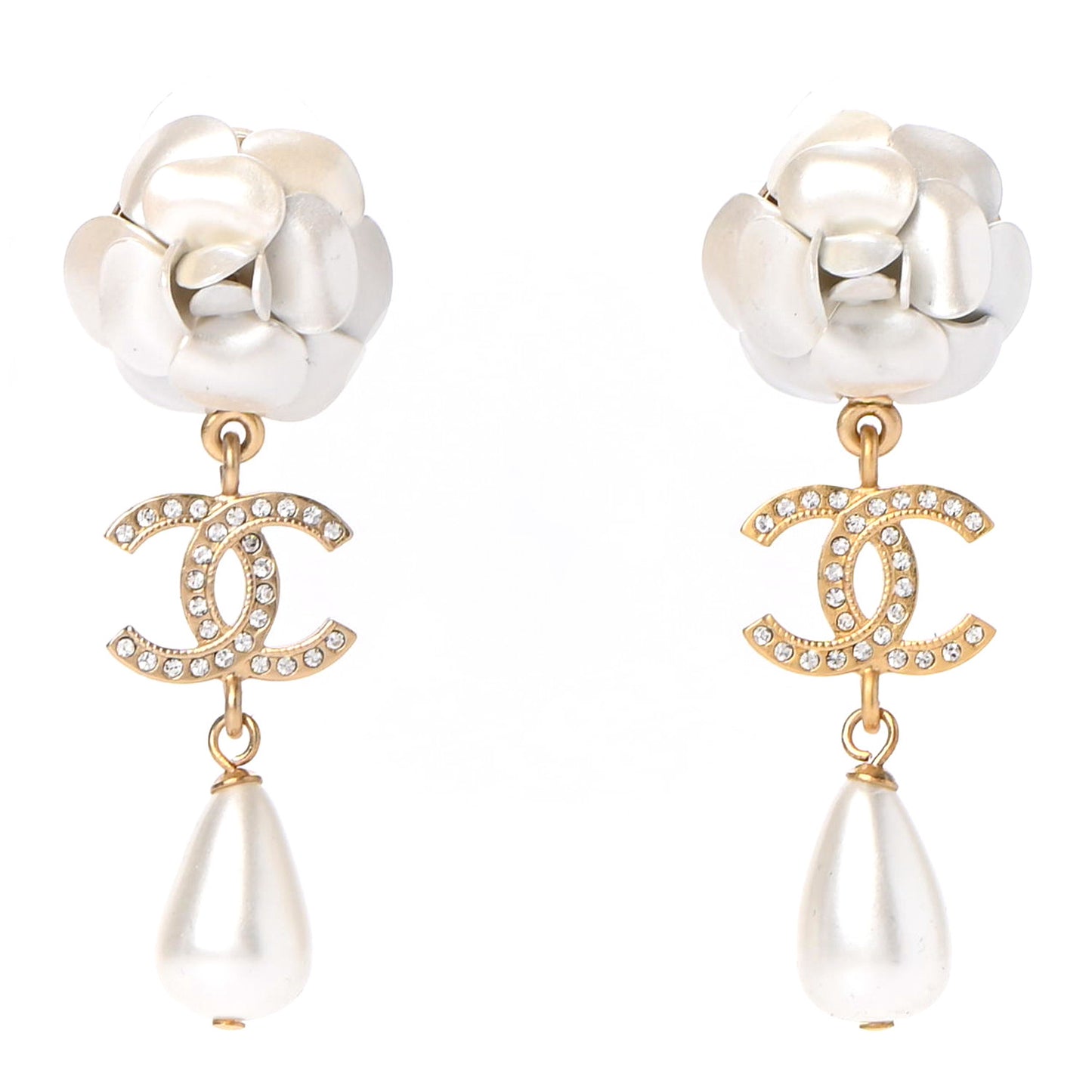 Metal Crystal Pearl 90s Camellia CC Drop Earrings Gold