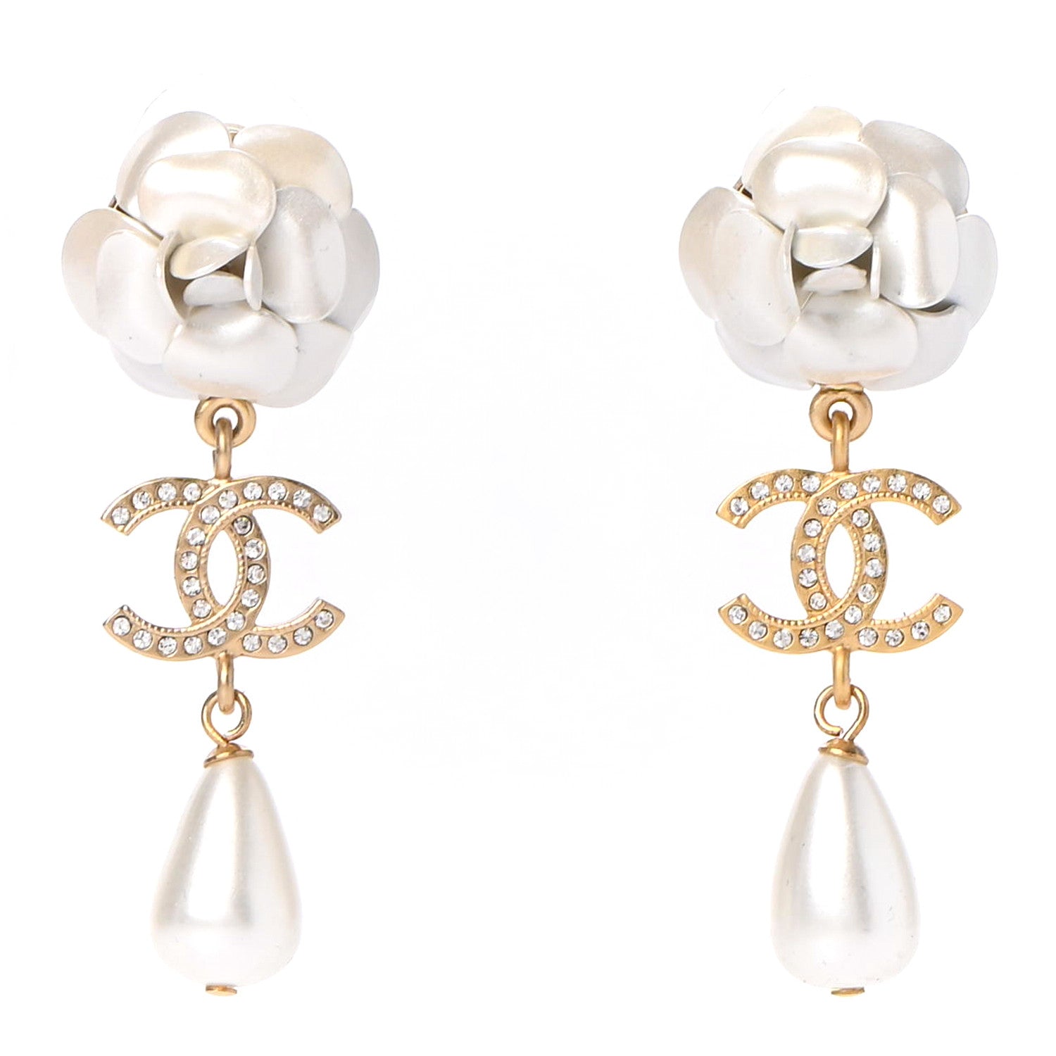 Chanel Metal Crystal Pearl 90s Camellia CC Drop Earrings Gold 1 of 4