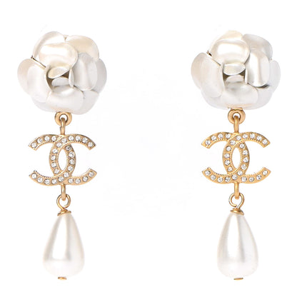Chanel Metal Crystal Pearl 90s Camellia CC Drop Earrings Gold 1 of 4