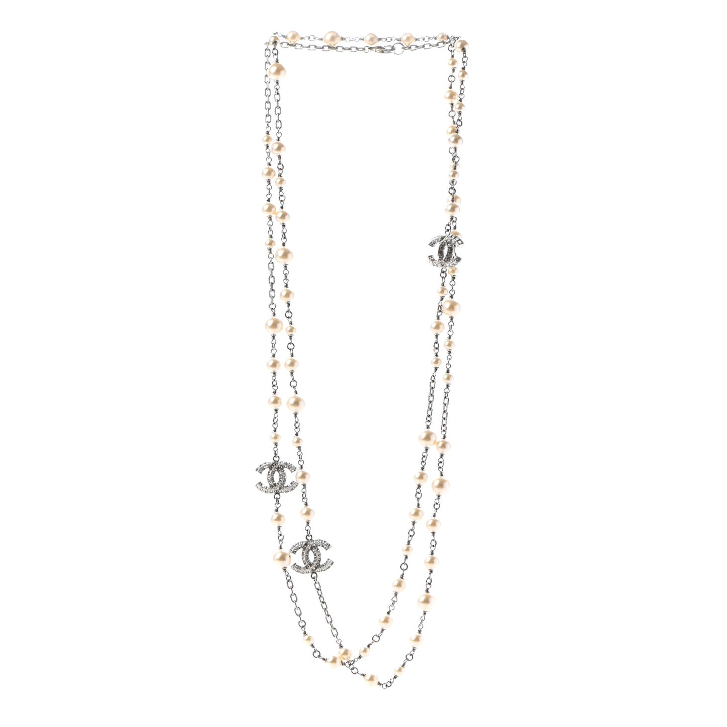 Pearl Baguette Crystal CC Long Necklace Silver