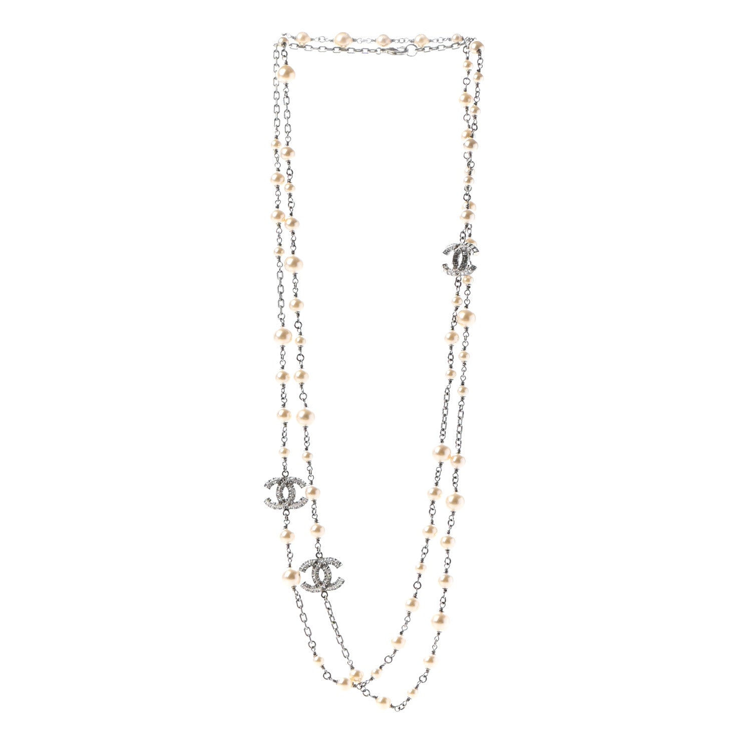 Chanel Pearl Baguette Crystal CC Long Necklace Silver 3 of 5