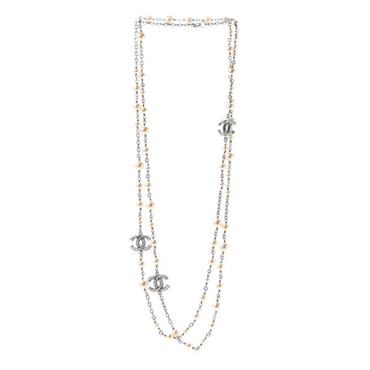 Chanel Pearl Baguette Crystal CC Long Necklace Silver 3 of 5