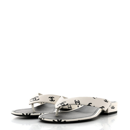 Chanel Lambskin Printed CC Thong Sandals 39.5 White Black 3 of 9