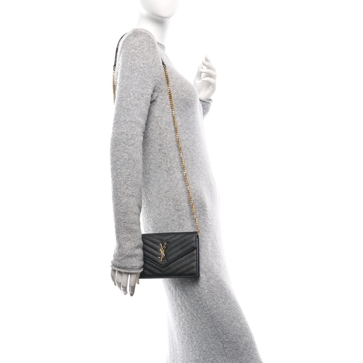 Saint Laurent Grain De Poudre Matelasse Chevron Monogram Envelope Chain Wallet Black 2 of 12