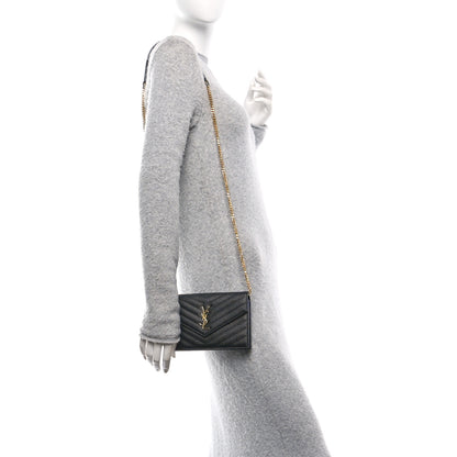 Saint Laurent Grain De Poudre Matelasse Chevron Monogram Envelope Chain Wallet Black 2 of 12