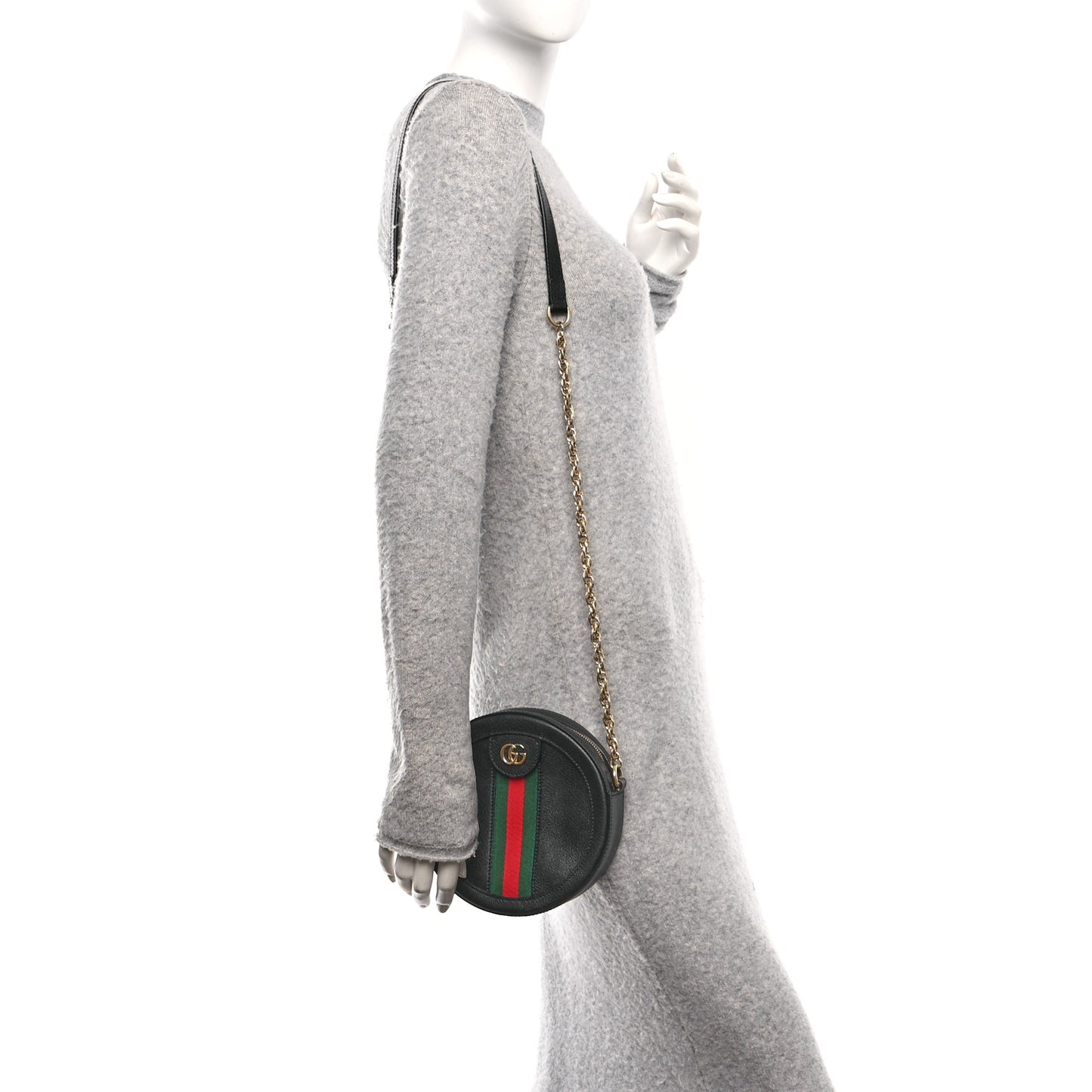 Grained Calfskin Web Mini Ophidia Round Shoulder Bag Black