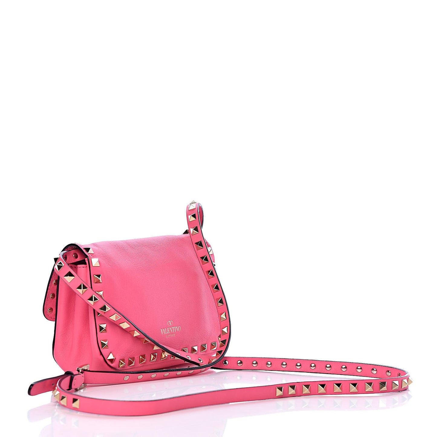 Vitello Mini Rockstud Flap Saddle Crossbody Bag Fuxia Fluo