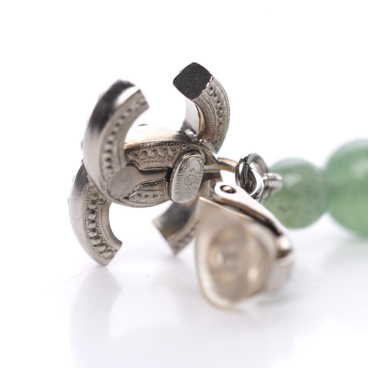 Chanel Crystal Beaded CC Long Drop Earrings Silver Green 4 of 5