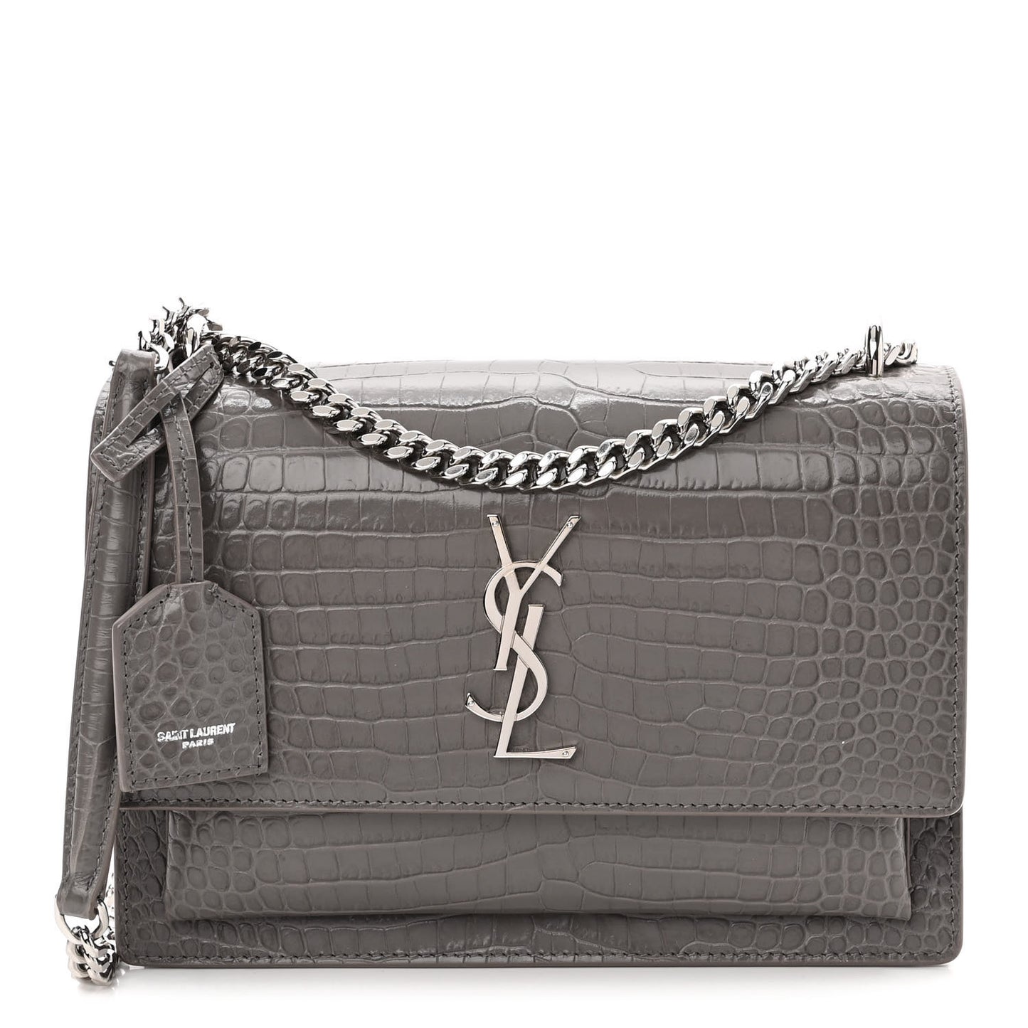 Calfskin Crocodile Embossed Medium Monogram Sunset Fog