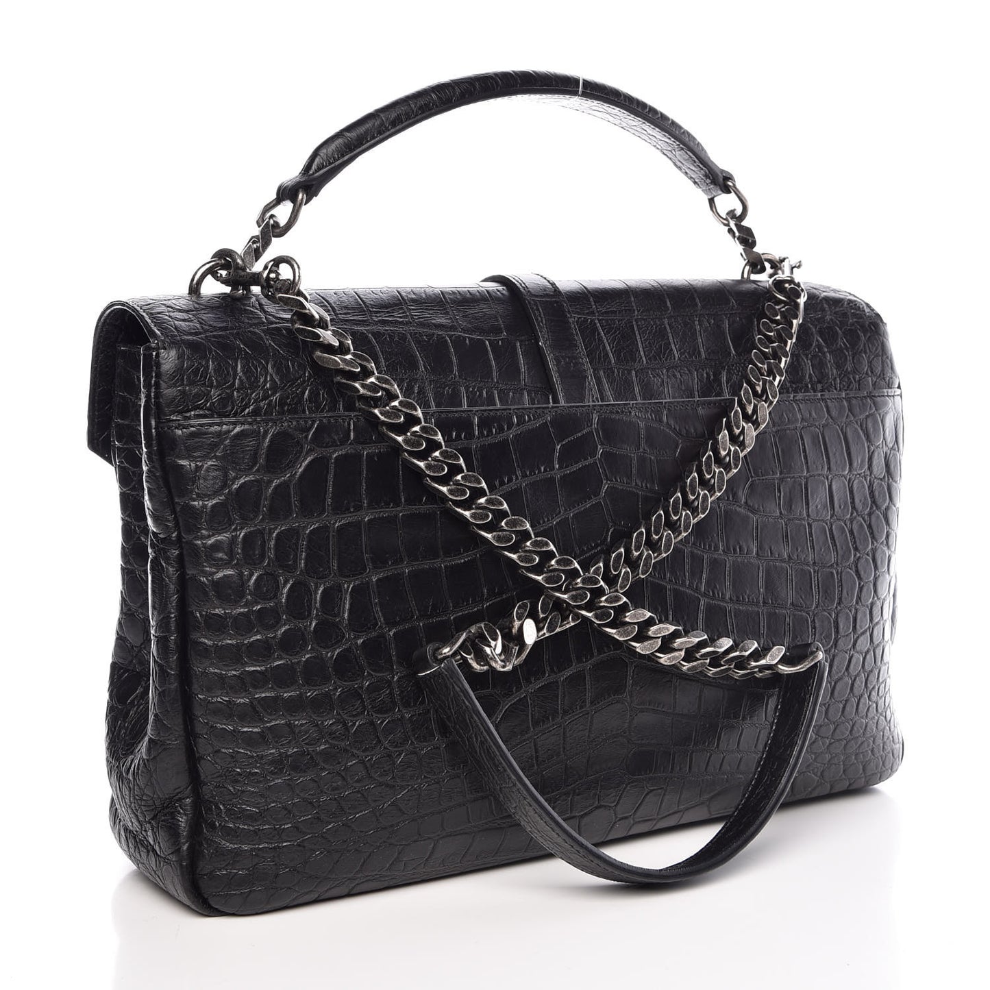 Calfskin Crocodile Embossed Monogram Large College Satchel Black