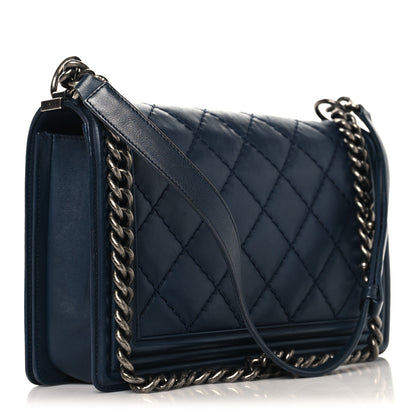 Chanel Calfskin Quilted Double Stitch New Medium Boy Flap Navy Blue 3 of 10