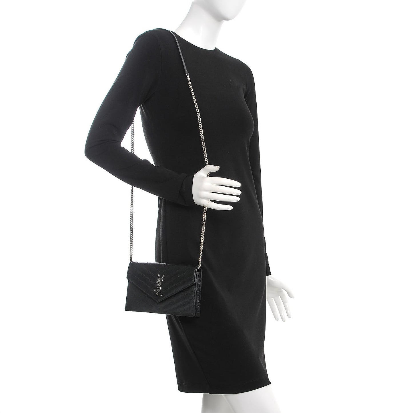Grain De Poudre Matelasse Chevron Monogram Envelope Chain Wallet Black
