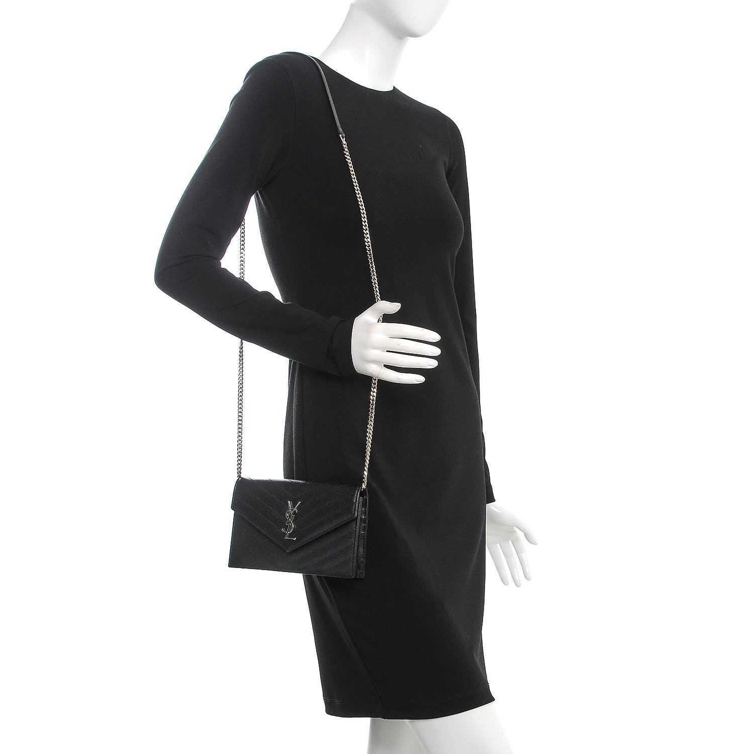 Saint Laurent Grain De Poudre Matelasse Chevron Monogram Envelope Chain Wallet Black 2 of 9