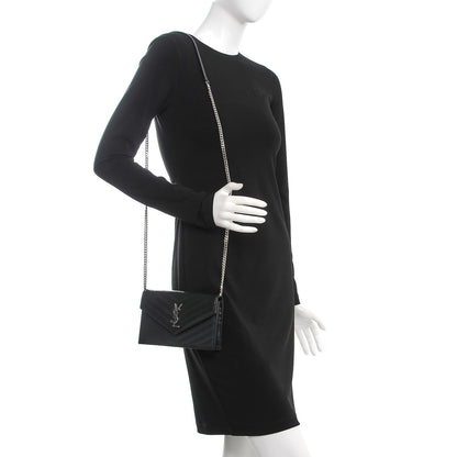 Saint Laurent Grain De Poudre Matelasse Chevron Monogram Envelope Chain Wallet Black 2 of 9