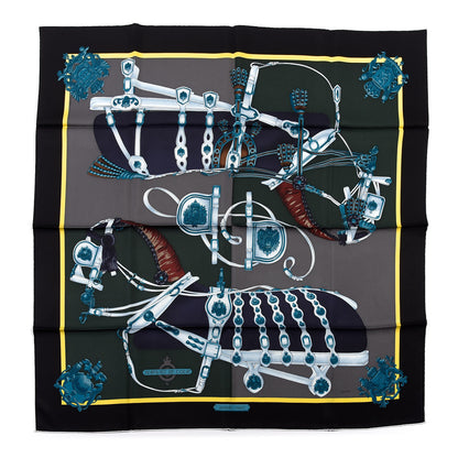 Hermes Silk Harnais De Cour Scarf 90 Noir Gris Marine 1 of 8