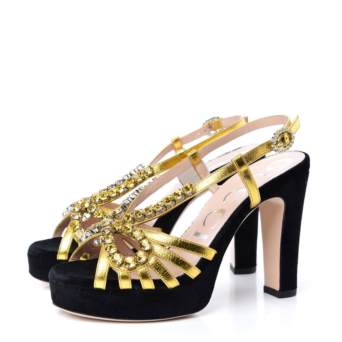 Velvet Nappa Crystal Zephyra Slingback Platform High Heel Sandals 35.5 Black Gold